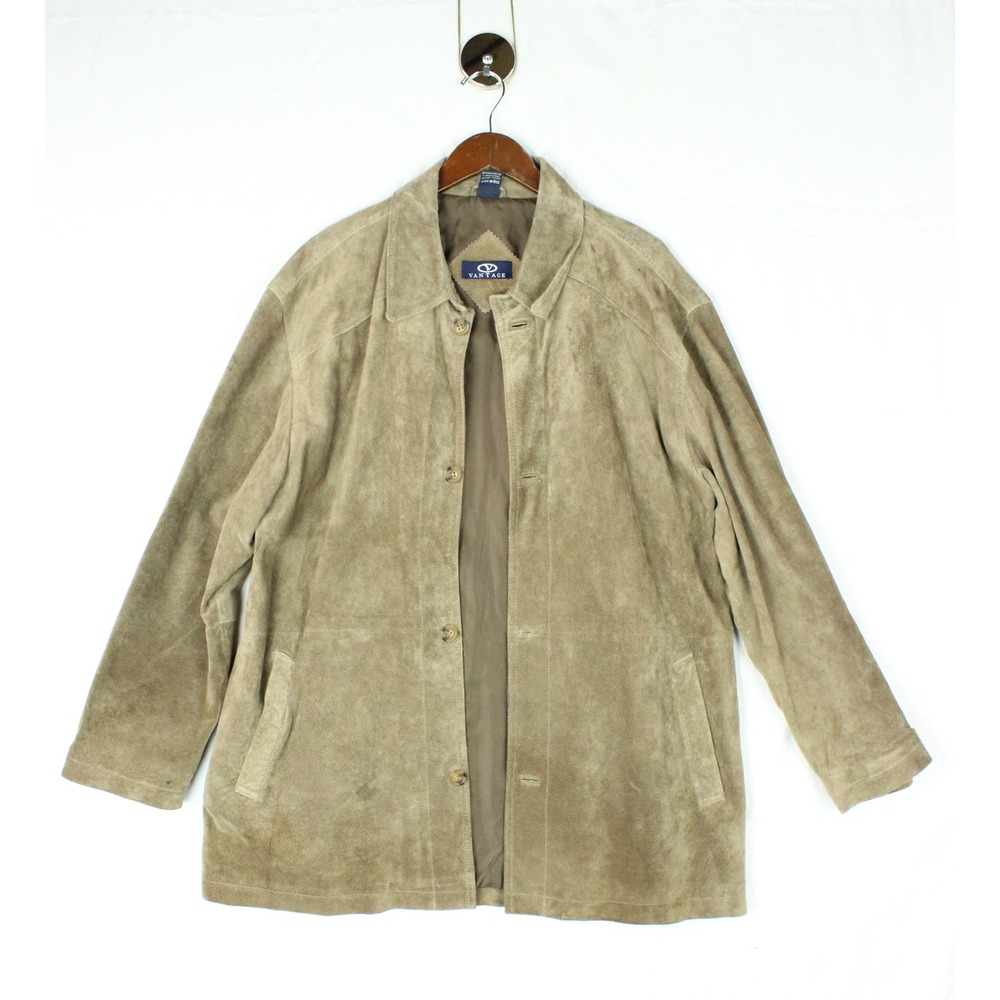 Vintage 90s Mens Suede Leather Jacket Tan Button Up Large Minimalist Off Duty